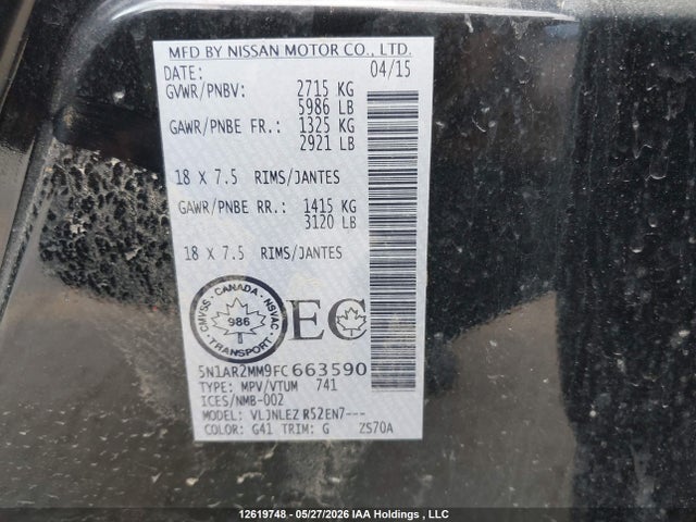 Aukcja sprzedaży 2015 Nissan Pathfinder S/sv/sl/platinum, vin: 5N1AR2MM9FC663590, numer aukcji: 12619748
