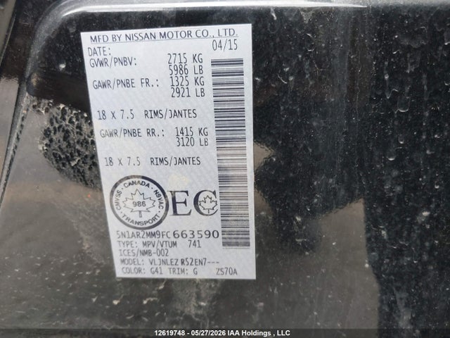 Aukcja sprzedaży 2015 Nissan Pathfinder S/sv/sl/platinum, vin: 5N1AR2MM9FC663590, numer aukcji: 12619748