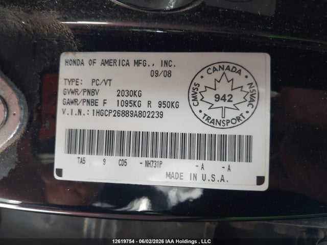 Продаж на аукціоні авто 2009 Honda Accord Ex-l, vin: 1HGCP26889A802239, номер лоту: 12619754