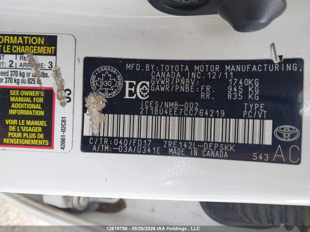 2012 Toyota Corolla S/le მანქანა იყიდება აუქციონზე, vin: 2T1BU4EE7CC764219, აუქციონის ნომერი: 12619756