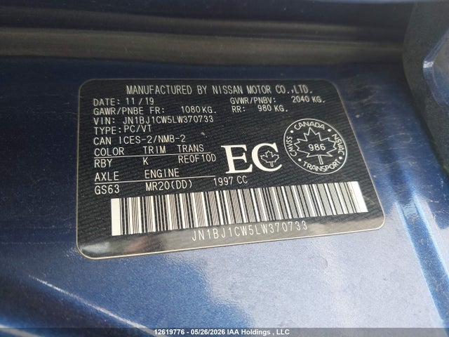12619776 :رقم المزاد ، JN1BJ1CW5LW370733 vin ، 2020 Nissan Qashqai S/sl/sv مزاد بيع