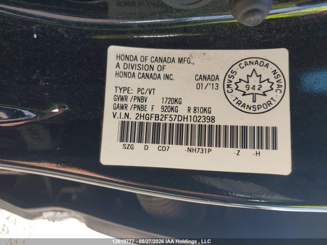 2013 Honda Civic Ex მანქანა იყიდება აუქციონზე, vin: 2HGFB2F57DH102398, აუქციონის ნომერი: 12619777