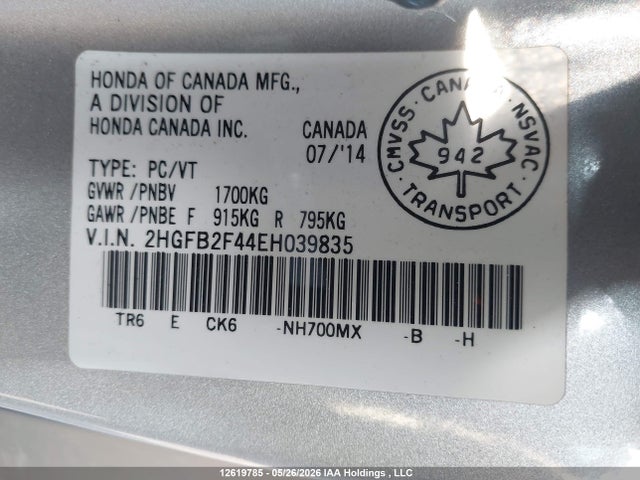 Aukcja sprzedaży 2014 Honda Civic Lx, vin: 2HGFB2F44EH039835, numer aukcji: 12619785