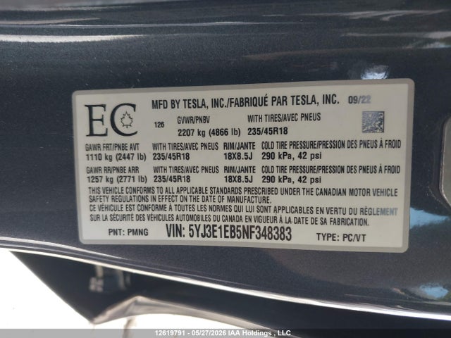 Tesla MODEL 3 2022 5YJ3E1EB5NF348383 Image 9