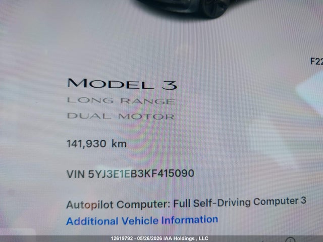 2019 Tesla Model 3 Long Range/performance მანქანა იყიდება აუქციონზე, vin: 5YJ3E1EB3KF415090, აუქციონის ნომერი: 12619792