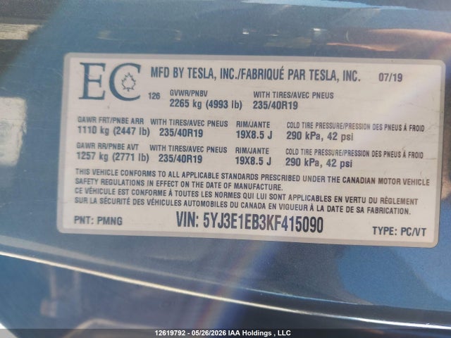 2019 Tesla Model 3 Long Range/performance მანქანა იყიდება აუქციონზე, vin: 5YJ3E1EB3KF415090, აუქციონის ნომერი: 12619792