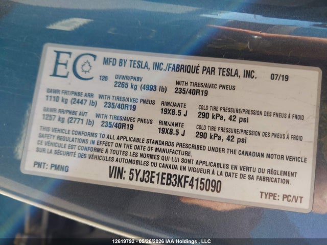 2019 Tesla Model 3 Long Range/performance მანქანა იყიდება აუქციონზე, vin: 5YJ3E1EB3KF415090, აუქციონის ნომერი: 12619792