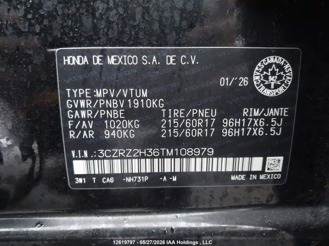 2026 Honda Hr-v Lx Awd მანქანა იყიდება აუქციონზე, vin: 3CZRZ2H36TM108979, აუქციონის ნომერი: 12619797