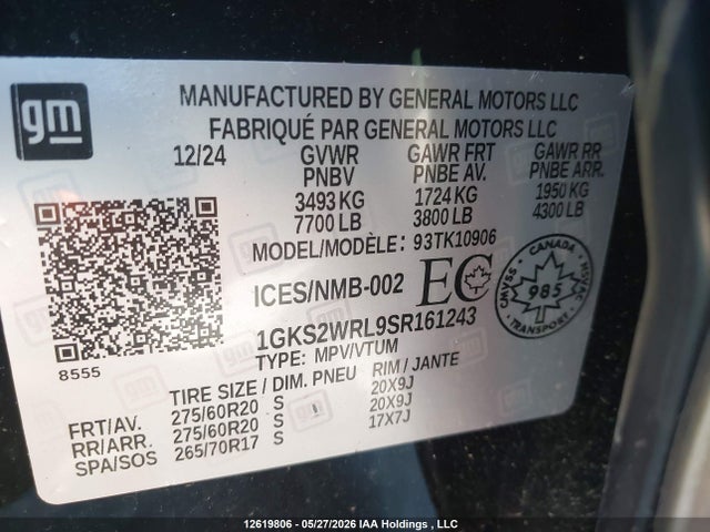 Продаж на аукціоні авто 2025 Gmc Yukon Xl, vin: 1GKS2WRL9SR161243, номер лоту: 12619806