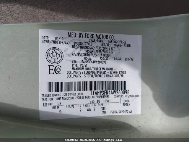 12619813 :رقم المزاد ، 1FAHP3FN4AW260098 vin ، 2010 Ford Focus Se مزاد بيع