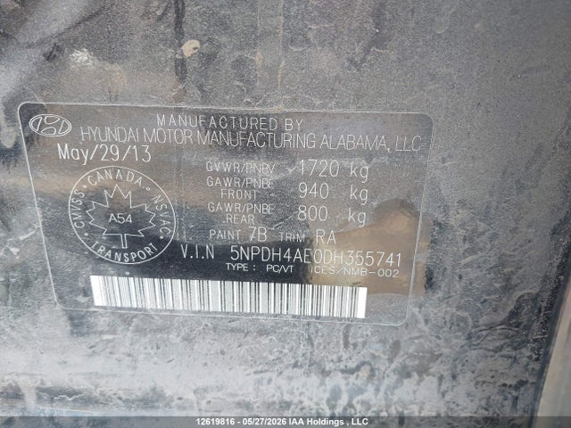 12619816 :رقم المزاد ، 5NPDH4AE0DH355741 vin ، 2013 Hyundai Elantra Gls/limited مزاد بيع