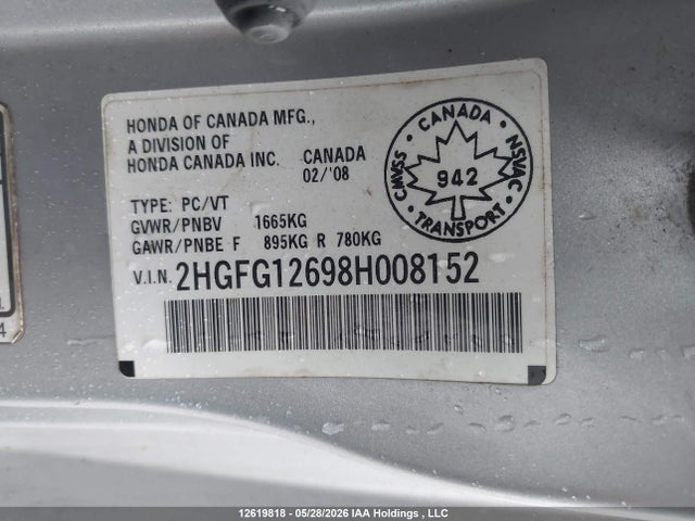 12619818 :رقم المزاد ، 2HGFG12698H008152 vin ، 2008 Honda Civic Lx مزاد بيع