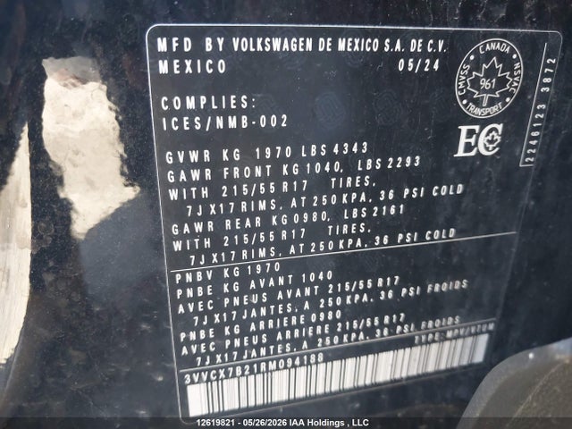 12619821 :رقم المزاد ، 3VVCX7B21RM094188 vin ، 2024 Volkswagen Taos Trendline مزاد بيع