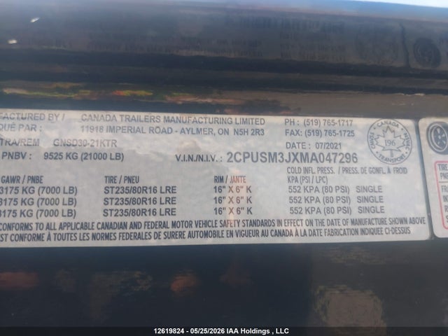 2021 Canada Trailers Manufacturing Limited Trailer მანქანა იყიდება აუქციონზე, vin: 2CPUSM3JXMA047296, აუქციონის ნომერი: 12619824