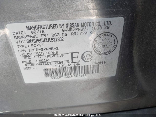 2018 Nissan Kicks S/sr/sv მანქანა იყიდება აუქციონზე, vin: 3N1CP5CU3JL527302, აუქციონის ნომერი: 12619826