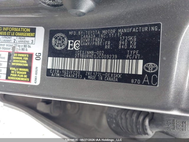 12619835 :رقم المزاد ، 2T1BURHE0JC009239 vin ، 2018 Toyota Corolla Se مزاد بيع