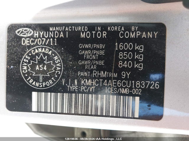 Auction sale of the 2012 Hyundai Accent Gls/gs, vin: KMHCT4AE6CU183726, lot number: 12619836