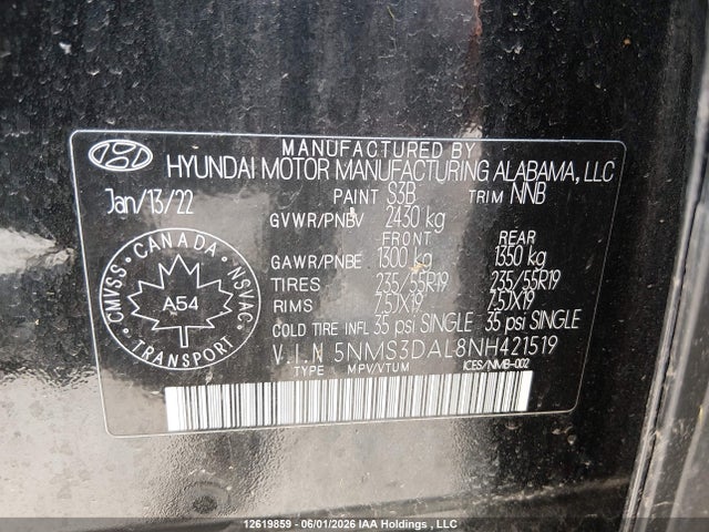 2022 Hyundai Santa Fe Sel მანქანა იყიდება აუქციონზე, vin: 5NMS3DAL8NH421519, აუქციონის ნომერი: 12619859