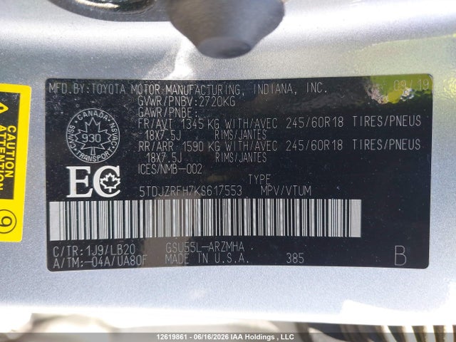 Toyota Highlander 2019 5TDJZRFH7KS617553 Image 9