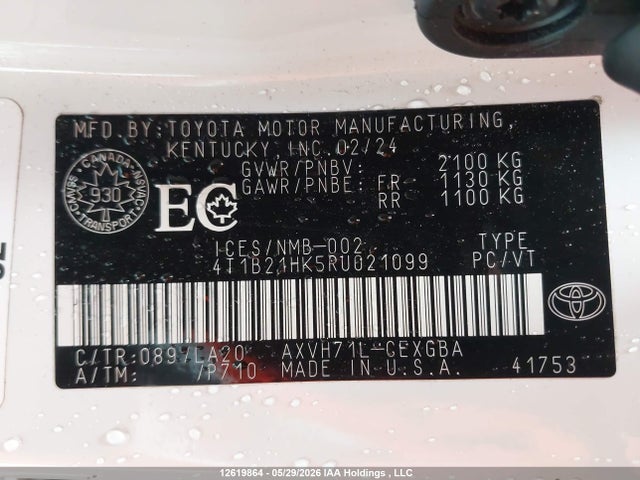 Auction sale of the 2024 Toyota Camry Hybrid Xle, vin: 4T1B21HK5RU021099, lot number: 12619864