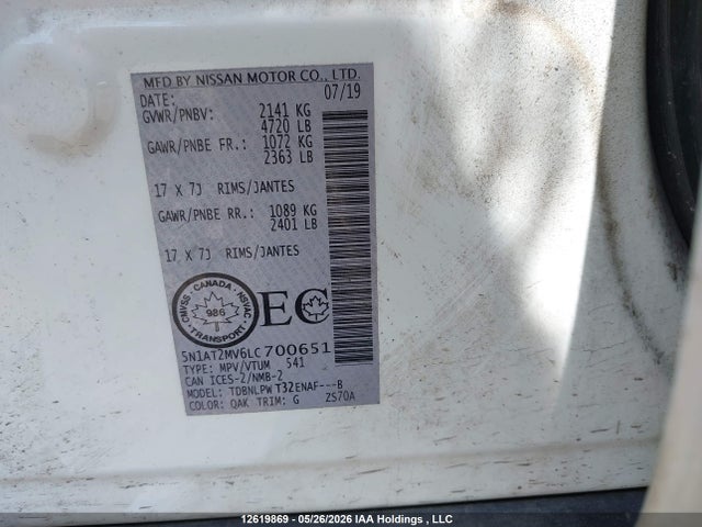 2020 Nissan Rogue S/sl/sv მანქანა იყიდება აუქციონზე, vin: 5N1AT2MV6LC700651, აუქციონის ნომერი: 12619869