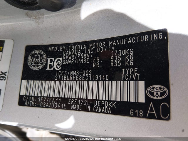 Продаж на аукціоні авто 2014 Toyota Corolla Ce, vin: 2T1BURHE8EC119140, номер лоту: 12619870