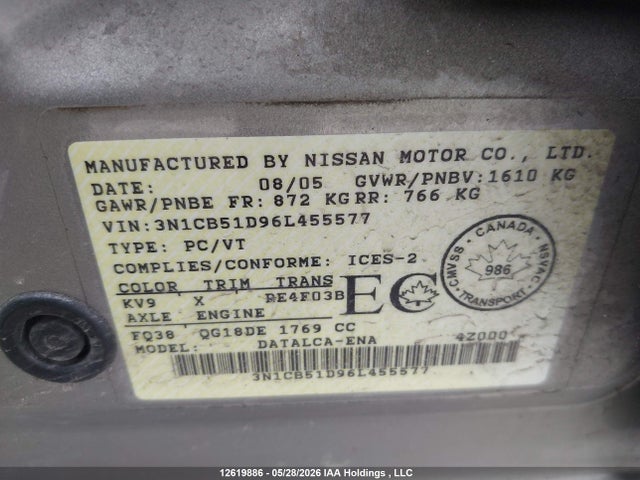 Aukcja sprzedaży 2006 Nissan Sentra 1.8/1.8s, vin: 3N1CB51D96L455577, numer aukcji: 12619886