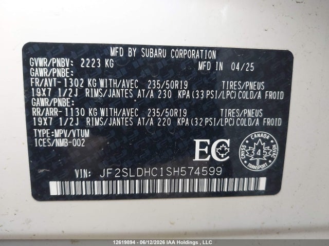 12619894 :رقم المزاد ، JF2SLDHC1SH574599 vin ، 2025 Subaru Forester Sport مزاد بيع