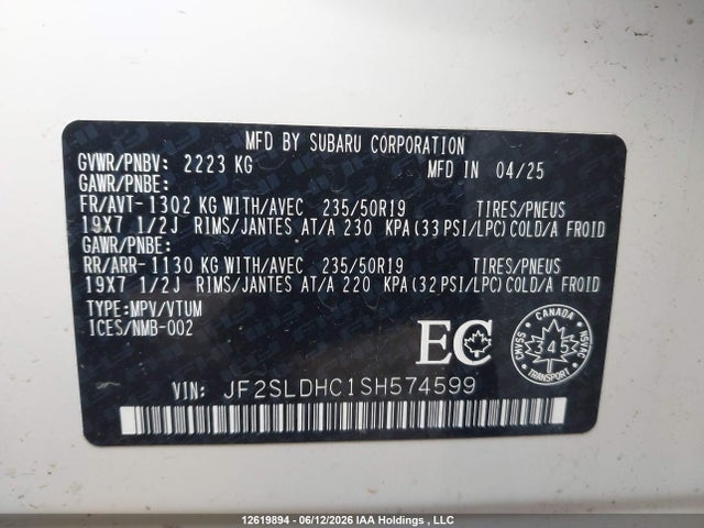 12619894 :رقم المزاد ، JF2SLDHC1SH574599 vin ، 2025 Subaru Forester Sport مزاد بيع