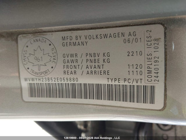 2002 Volkswagen Passat Glx მანქანა იყიდება აუქციონზე, vin: WVWYH23B52E059880, აუქციონის ნომერი: 12619900