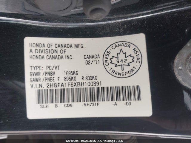 Продажа на аукционе авто 2011 Honda Civic, vin: 2HGFA1F6XBH100891, номер лота: 12619904