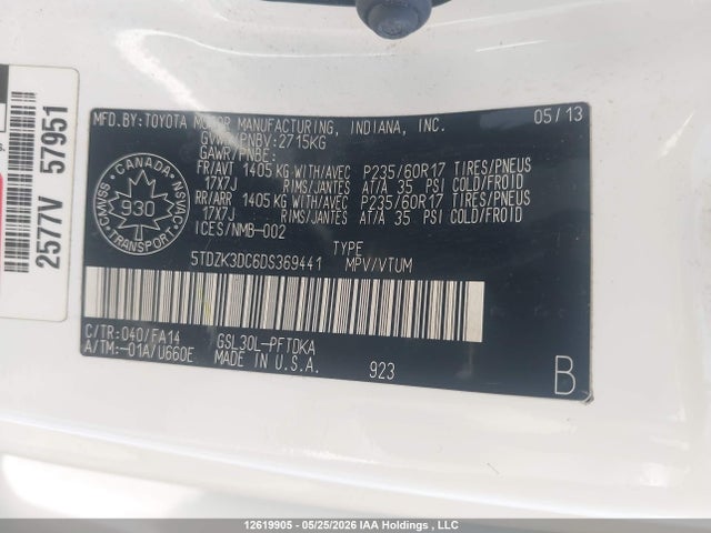 Aukcja sprzedaży 2013 Toyota Sienna V6 7 Passenger, vin: 5TDZK3DC6DS369441, numer aukcji: 12619905
