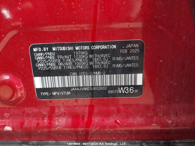 Auction sale of the 2025 Mitsubishi Rvr Gt/noir/se/sel, vin: JA4AJVAW2SU602602, lot number: 12619908