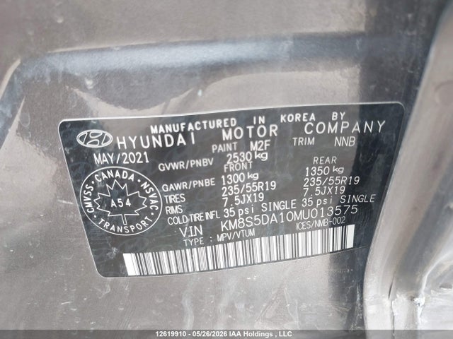 Aukcja sprzedaży 2021 Hyundai Santa Fe Limited, vin: KM8S5DA10MU013575, numer aukcji: 12619910