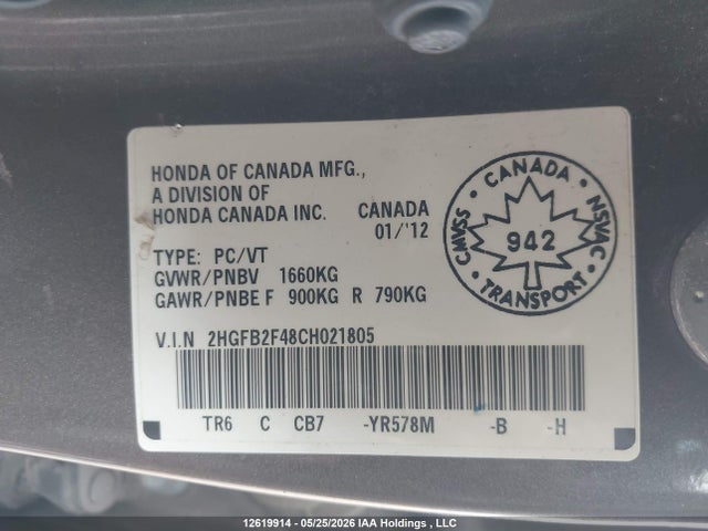 Продажа на аукционе авто 2012 Honda Civic Lx, vin: 2HGFB2F48CH021805, номер лота: 12619914