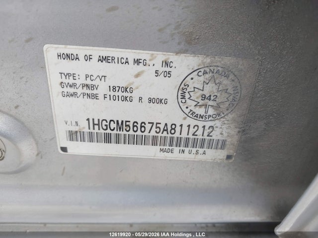 Aukcja sprzedaży 2005 Honda Accord Ex-l, vin: 1HGCM56675A811212, numer aukcji: 12619920