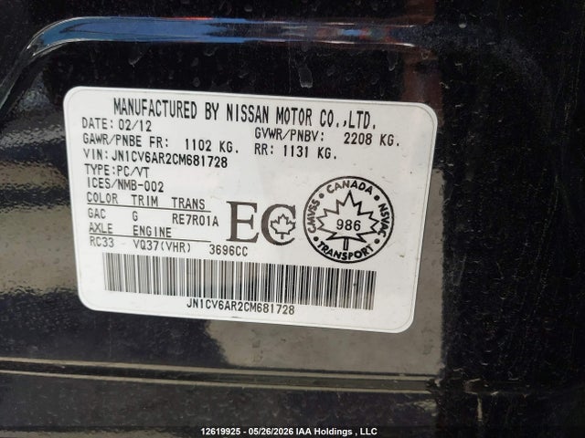Aukcja sprzedaży 2012 Infiniti G37, vin: JN1CV6AR2CM681728, numer aukcji: 12619925