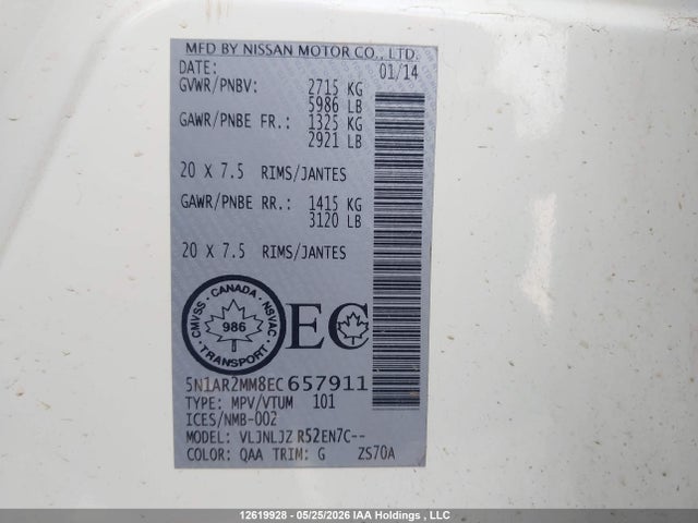 12619928 :رقم المزاد ، 5N1AR2MM8EC657911 vin ، 2014 Nissan Pathfinder Platinum/s/sl/sv مزاد بيع