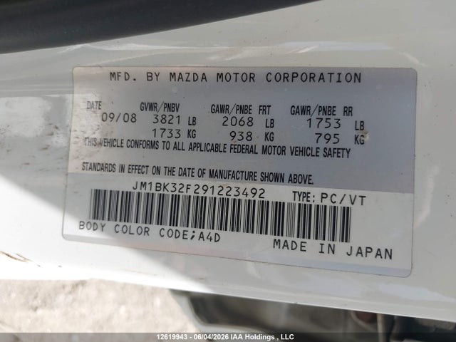 12619943 :رقم المزاد ، JM1BK32F291223492 vin ، 2009 Mazda 3 I مزاد بيع