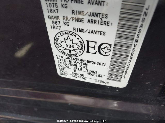 12619947 :رقم المزاد ، JN8AS5MV5BW285672 vin ، 2011 Nissan Rogue Sv مزاد بيع