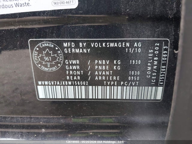 2011 Volkswagen Gti მანქანა იყიდება აუქციონზე, vin: WVWGV7AJXBW156062, აუქციონის ნომერი: 12619955