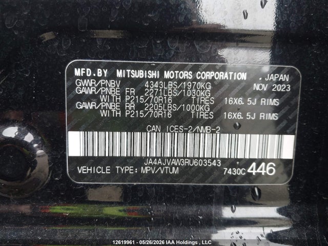 Aukcja sprzedaży 2024 Mitsubishi Rvr Se/sel/noir/gt, vin: JA4AJVAW3RU603543, numer aukcji: 12619961