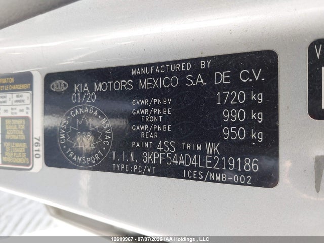 12619967 :رقم المزاد ، 3KPF54AD4LE219186 vin ، 2020 Kia Forte Ex مزاد بيع
