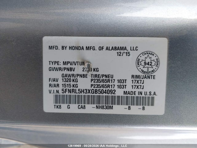12619969 :رقم المزاد ، 5FNRL5H3XGB504092 vin ، 2016 Honda Odyssey Se مزاد بيع