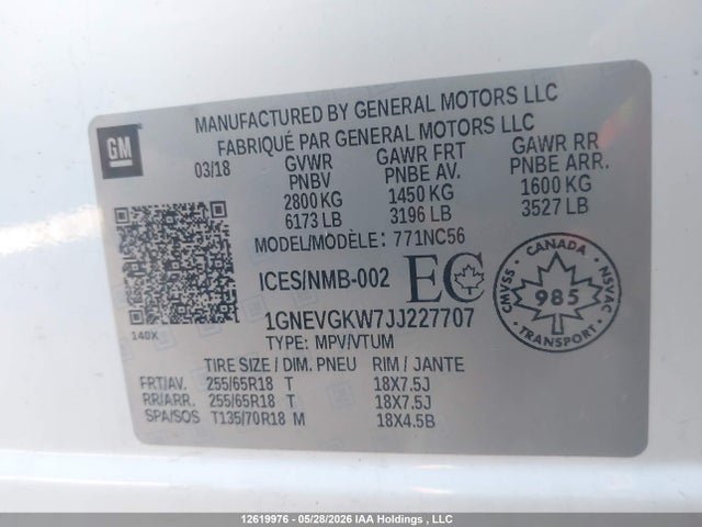 2018 Chevrolet Traverse Lt მანქანა იყიდება აუქციონზე, vin: 1GNEVGKW7JJ227707, აუქციონის ნომერი: 12619976