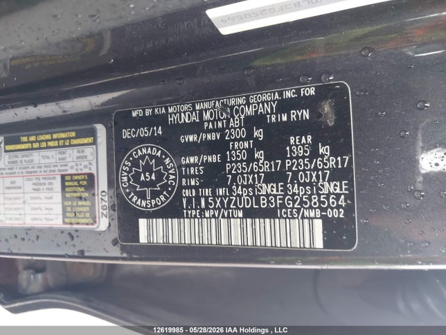 2015 Hyundai Santa Fe Sport მანქანა იყიდება აუქციონზე, vin: 5XYZUDLB3FG258564, აუქციონის ნომერი: 12619985