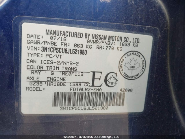 Продаж на аукціоні авто 2018 Nissan Kicks S/sr/sv, vin: 3N1CP5CU6JL521980, номер лоту: 12620007
