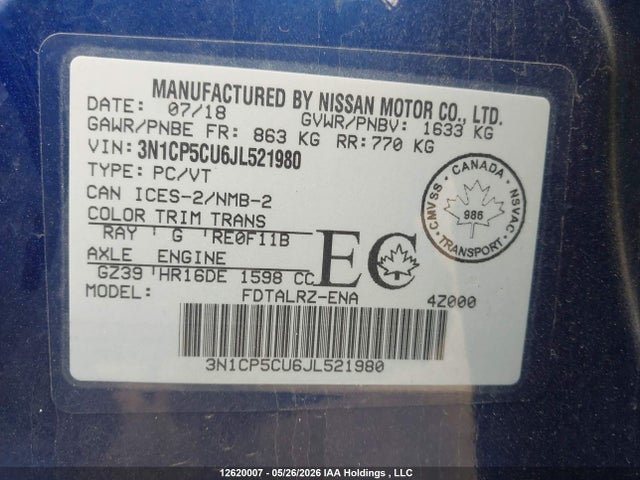 Aukcja sprzedaży 2018 Nissan Kicks S/sr/sv, vin: 3N1CP5CU6JL521980, numer aukcji: 12620007