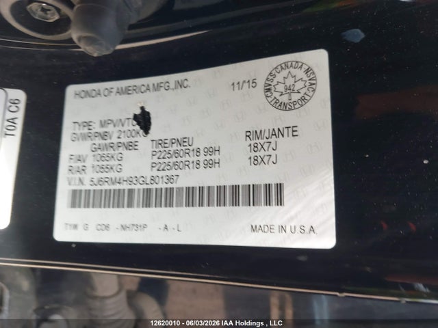 12620010 :رقم المزاد ، 5J6RM4H93GL801367 vin ، 2016 Honda Cr-v Touring مزاد بيع