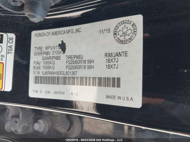 12620010 :رقم المزاد ، 5J6RM4H93GL801367 vin ، 2016 Honda Cr-v Touring مزاد بيع